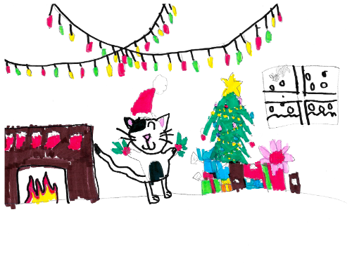 Children's drawing of a cat wearing a Santa hat, next to a fireplace and Christmas tree. 